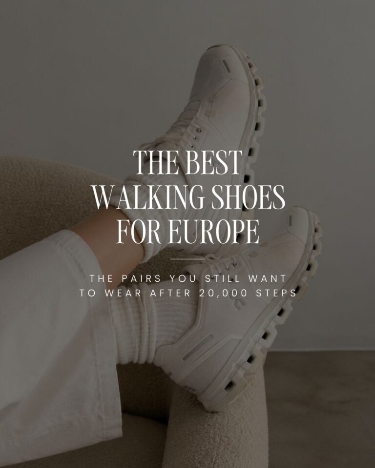 Woman wearing white On Cloud 6 walking shoes for Europe travel and all-day sightseeing.
