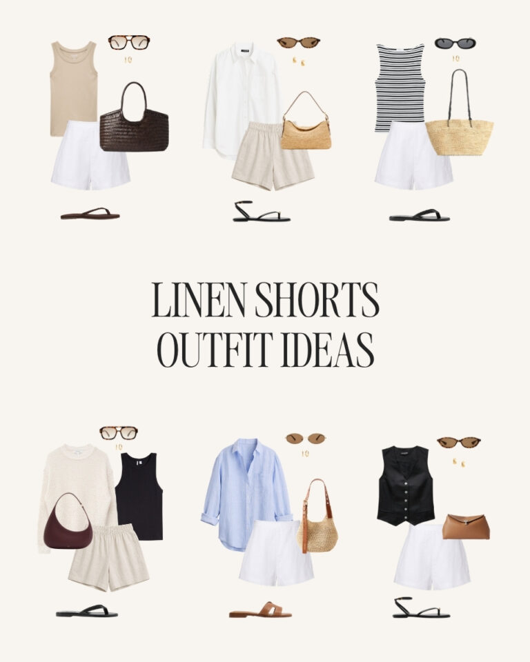 Six linen shorts outfit ideas featuring linen shirts, tank tops, Breton striped tops, lightweight knitwear, sandals, raffia bags, and a linen vest.