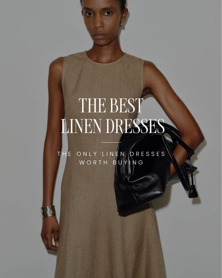 Model wearing the Reformation Cecilia Linen Dress with a black leather handbag, featured in The Capsulist's guide to the best linen dresses for women in 2026.