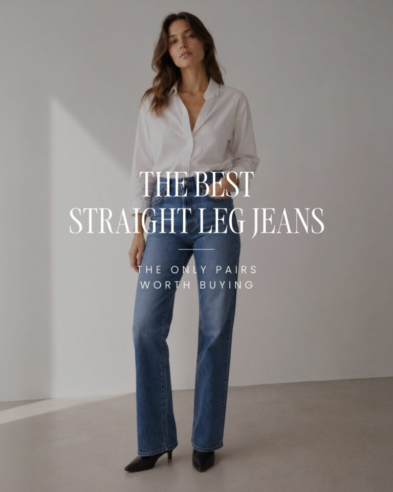 Woman wearing classic blue straight leg jeans with a white button down shirt and black heels for a timeless capsule wardrobe outfit.