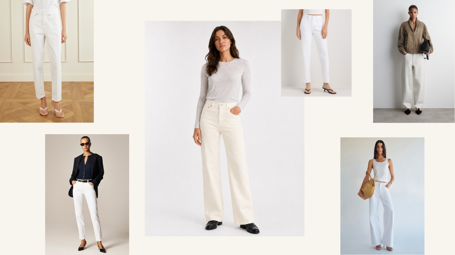 Comparison of the best white jeans for women, featuring straight leg, wide leg, barrel leg, slim, and investment styles.