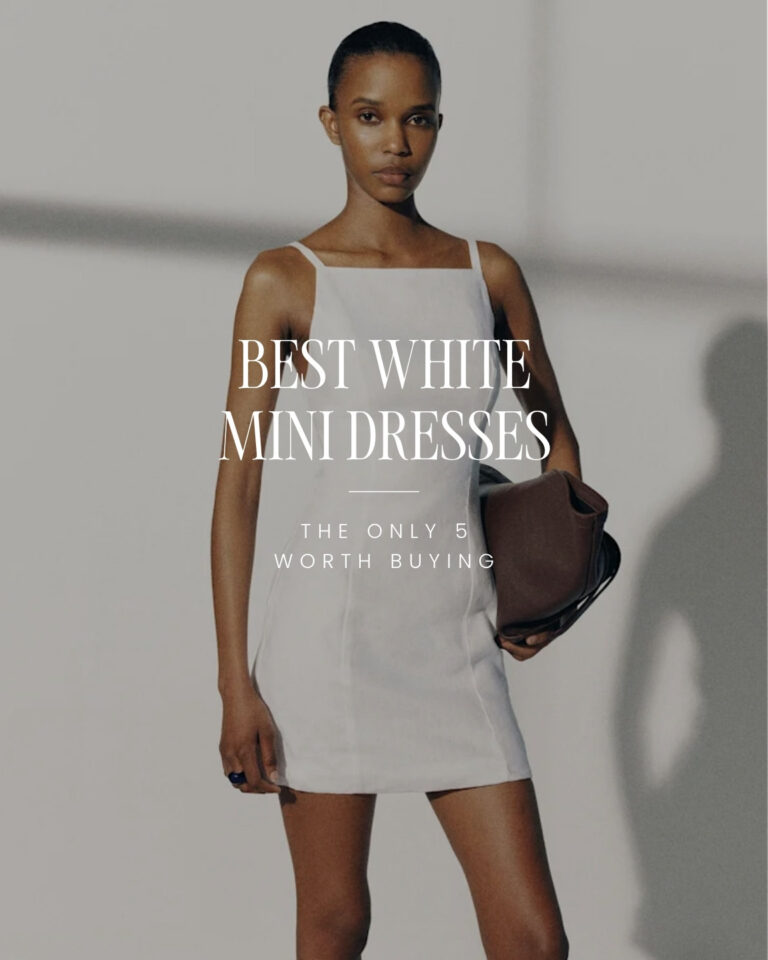 Woman wearing the Reformation Mora Linen Dress, our top pick for the best white mini dresses in 2026.