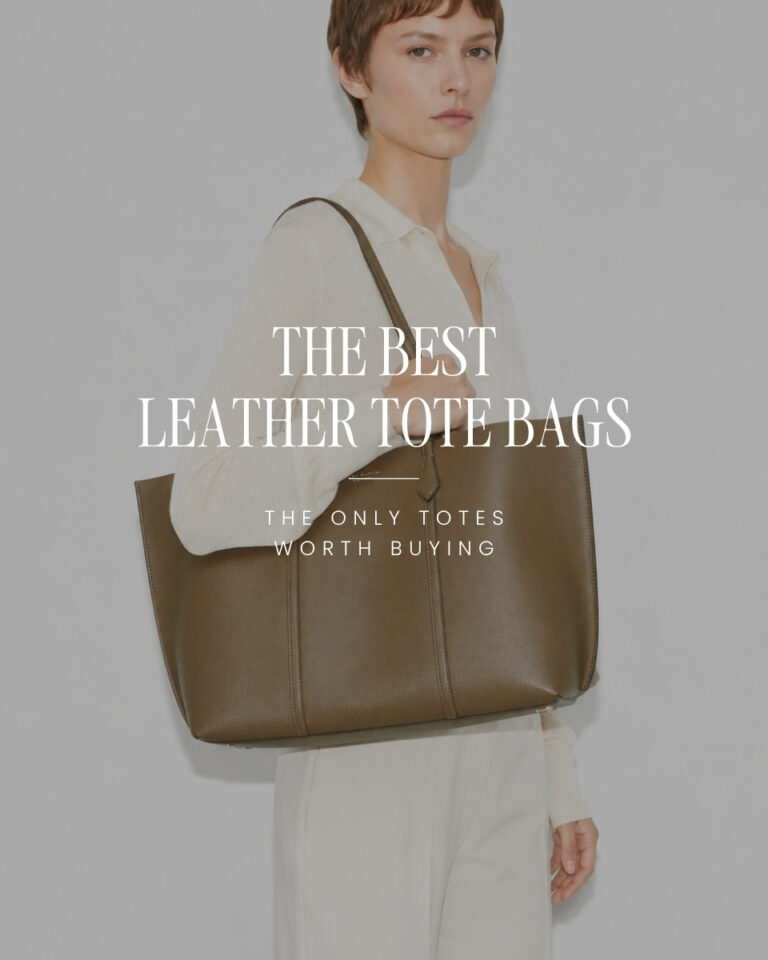 Best leather tote bag for women in taupe worn with a minimalist ivory outfit.