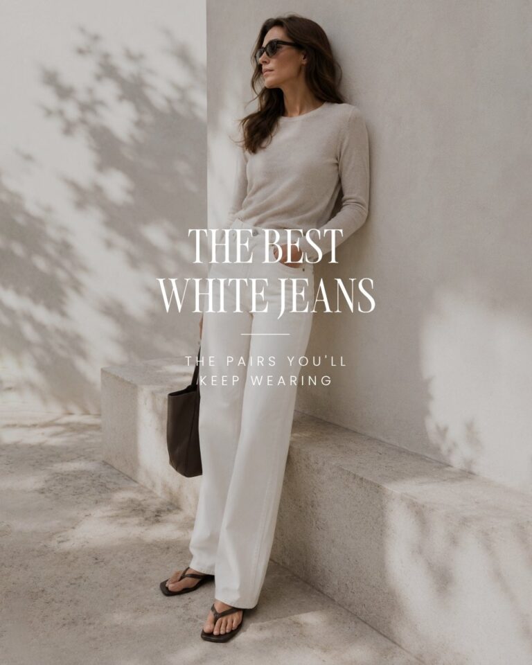 Woman wearing white straight leg jeans with a light gray knit in a minimalist editorial setting for a guide to the best white jeans for women.