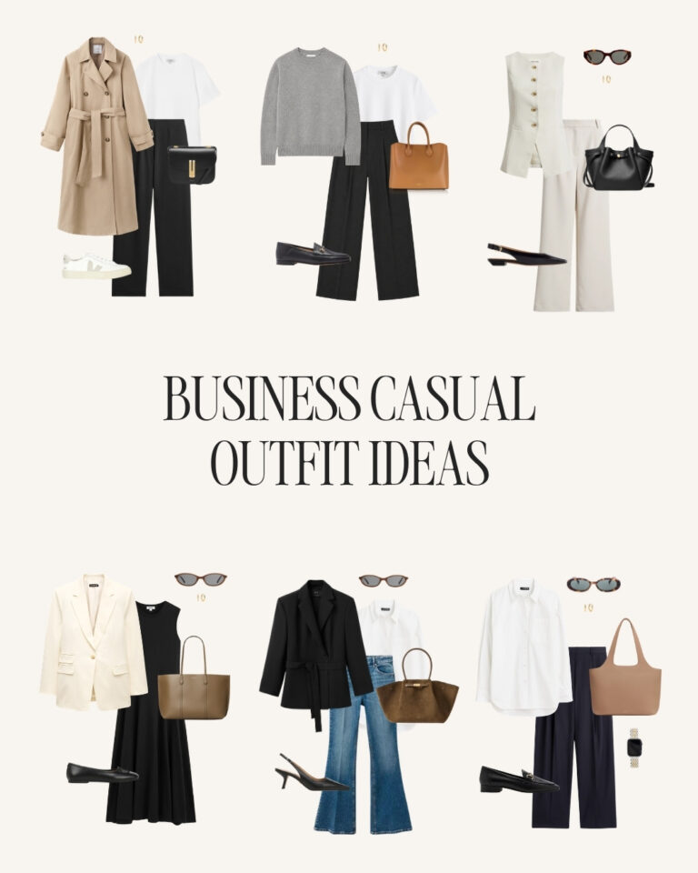 Business casual outfit ideas for women with tailored pants, loafers, blazers, jeans, a dress, and office wardrobe basics.