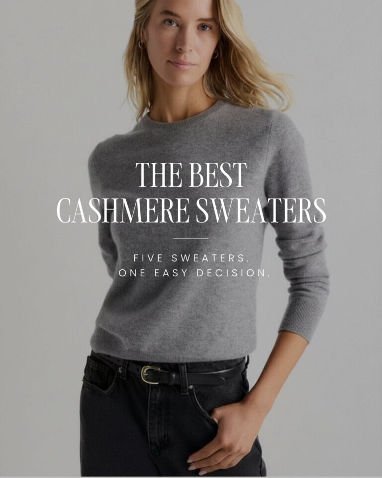 Best cashmere sweater for women in heather gray styled with black jeans.
