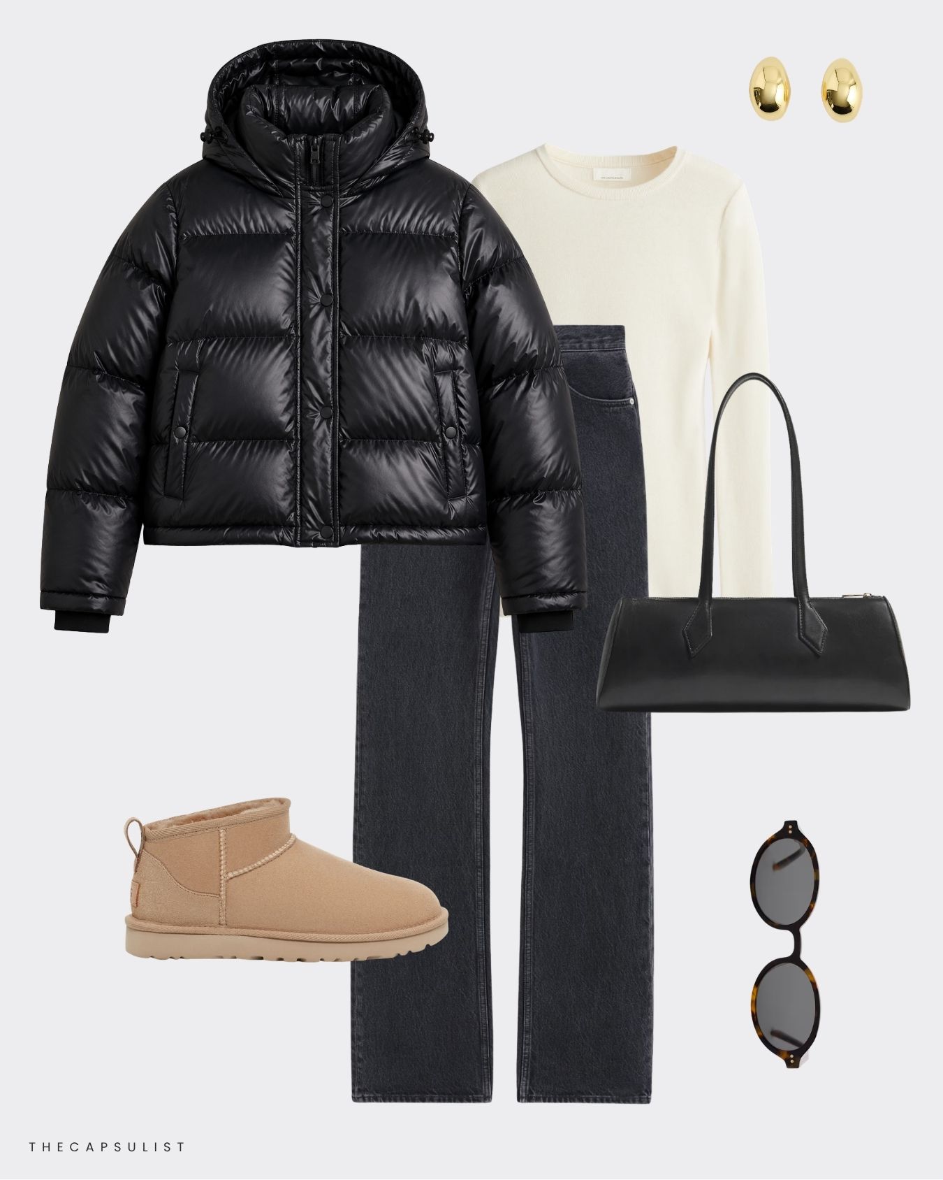 Quince cropped puffer jacket winter outfit with jeans and UGG boots